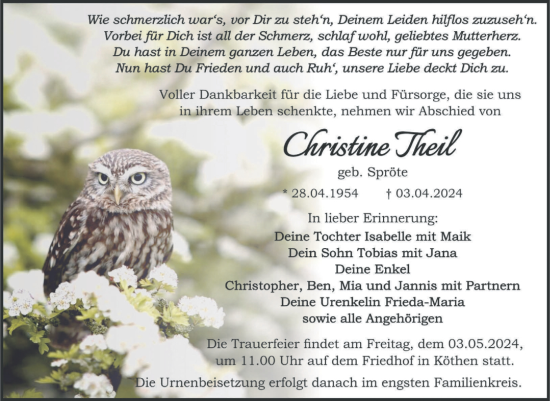 Traueranzeige von Christine Theil von Trauerkombi Köthen