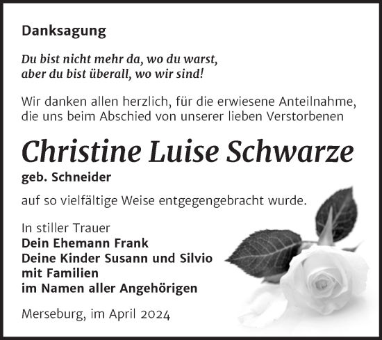 Traueranzeige von Christine Luise Schwarze von Trauerkombi Merseburg