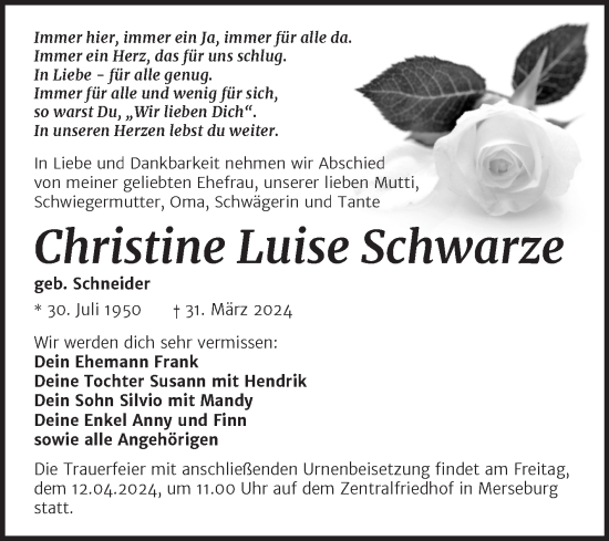 Traueranzeige von Christine Luise Schwarze von Trauerkombi Merseburg