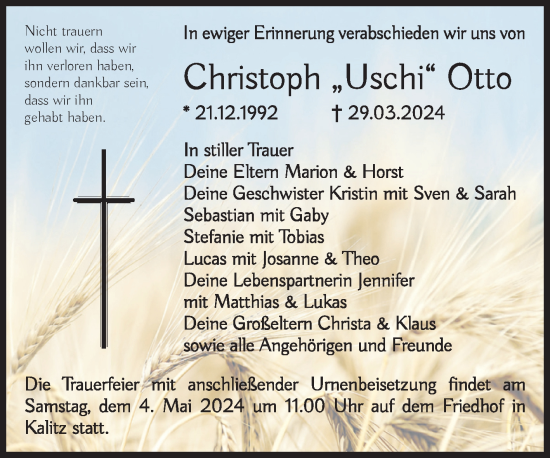 Traueranzeige von Christoph Otto von Volksstimme Burg/Genthin