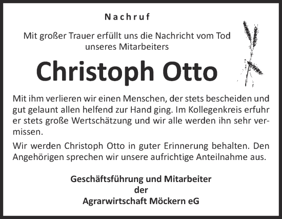 Traueranzeige von Christoph Otto von Volksstimme Burg/Genthin