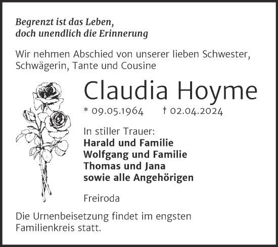 Traueranzeige von Claudia Hoyme von Super Sonntag Naumburg/Nebra