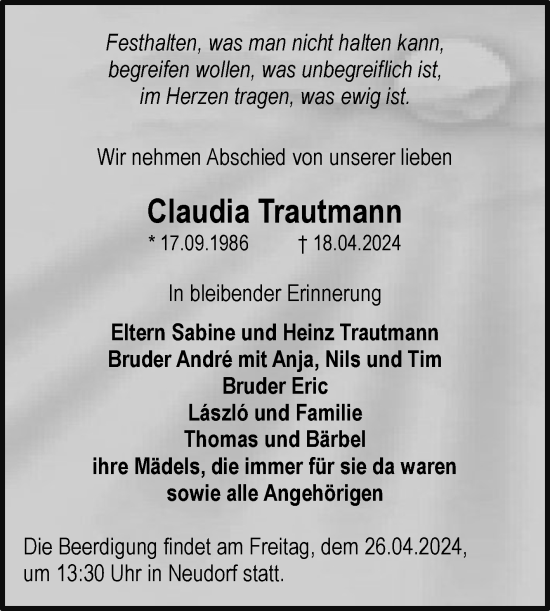 Traueranzeige von Claudia Trautmann von Mitteldeutsche Zeitung Dessau-Roßlau