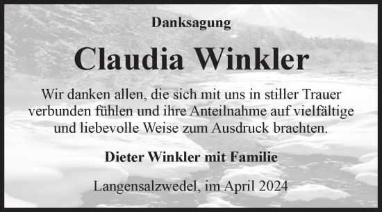 Traueranzeige von Claudia Winkler von Volksstimme Altmark Ost