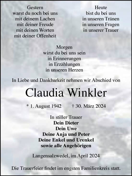 Traueranzeige von Claudia Winkler von Volksstimme Altmark Ost