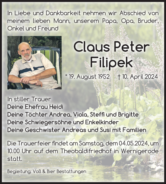 Traueranzeige von Claus Peter Filipek von Volksstimme Wernigerode