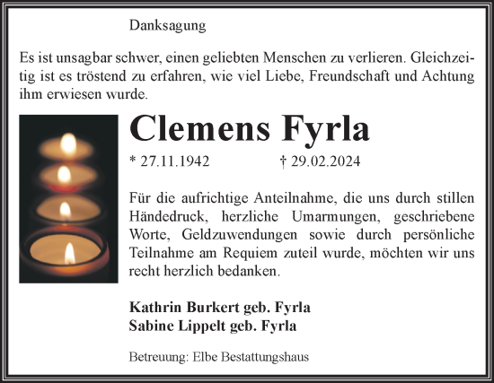 Traueranzeige von Clemens Fyrla von Volksstimme Magdeburg