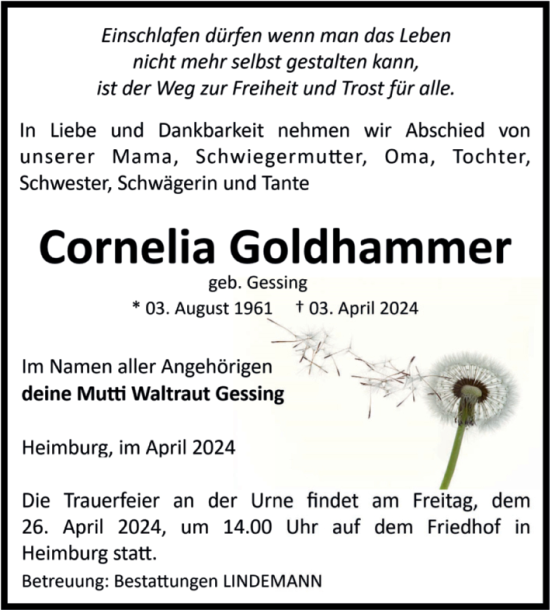 Traueranzeige von Cornelia Goldhammer von Volksstimme Wernigerode