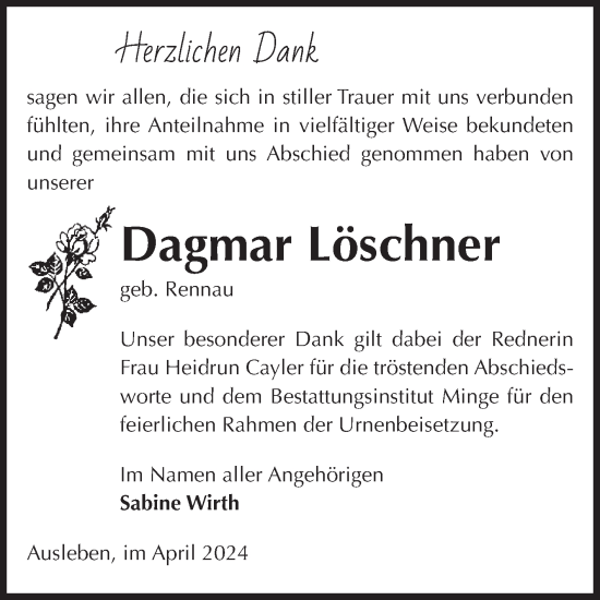 Traueranzeige von Dagmar Löschner von Volksstimme Oschersleben/Wanzleben