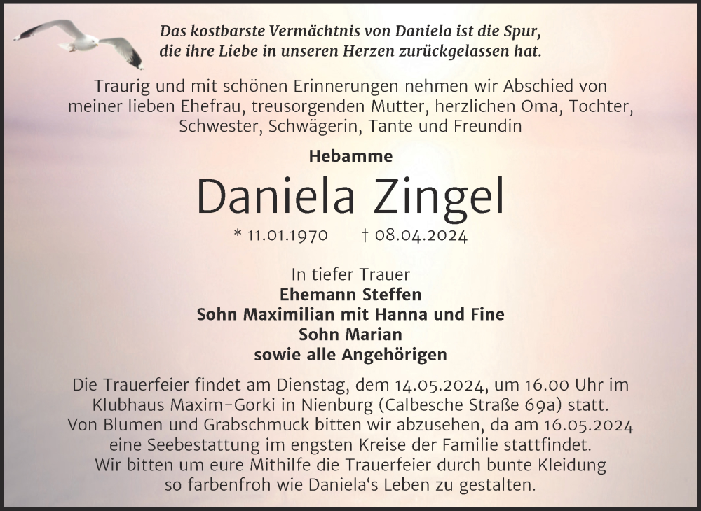  Traueranzeige für Daniela Zingel vom 20.04.2024 aus Trauerkombi Bernburg