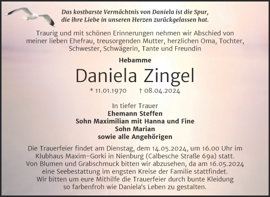 Traueranzeige von Daniela Zingel von Trauerkombi Bernburg