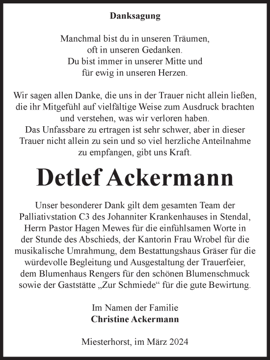 Traueranzeige von Detlef Ackermann von Volksstimme Altmark West