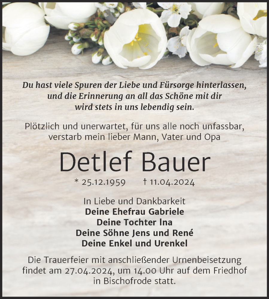  Traueranzeige für Detlef Bauer vom 20.04.2024 aus Mitteldeutsche Zeitung Mansfelder Land
