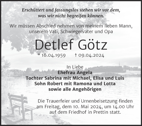 Traueranzeige von Detlef Götz von Trauerkombi Wittenberg