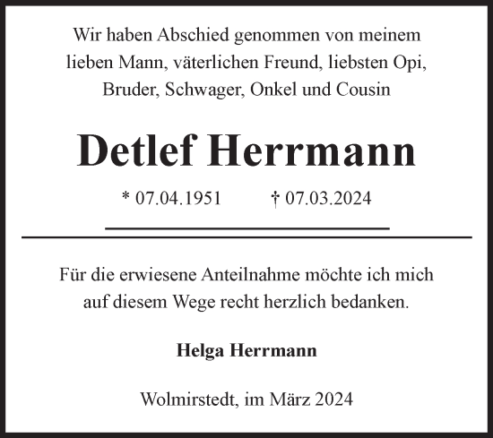 Traueranzeige von Detlef Herrmann von Volksstimme Haldensleben/Wolmirstedt