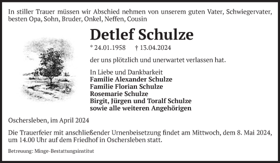Traueranzeige von Detlef Schulze von Volksstimme Oschersleben/Wanzleben