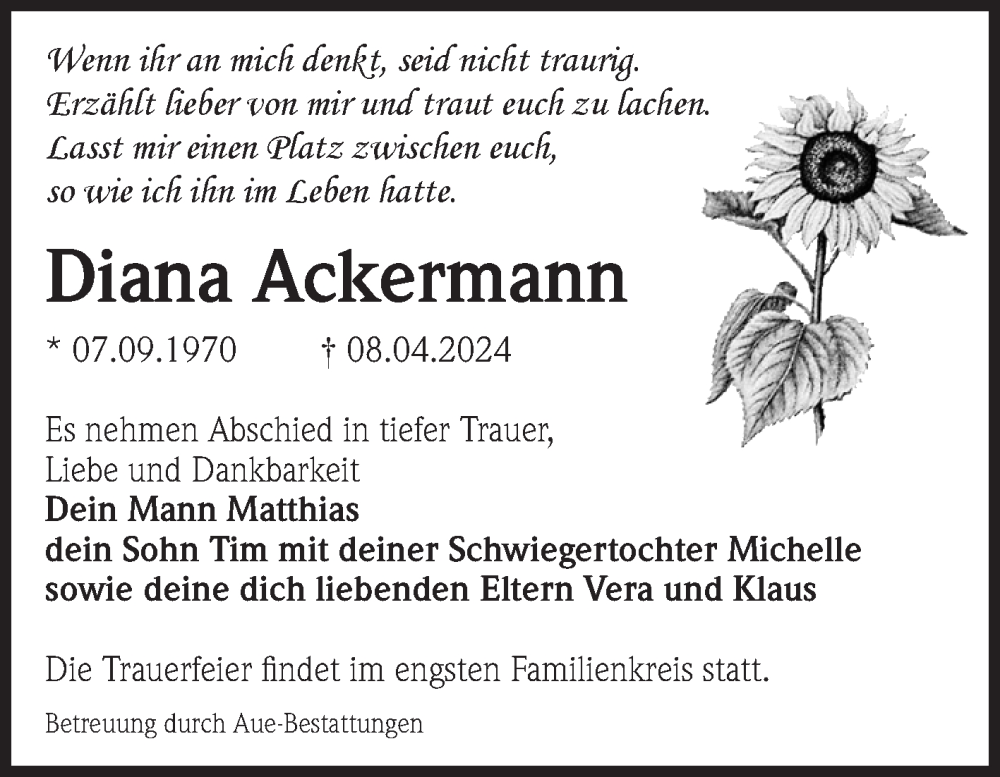  Traueranzeige für Diana Ackermann vom 20.04.2024 aus Volksstimme Magdeburg