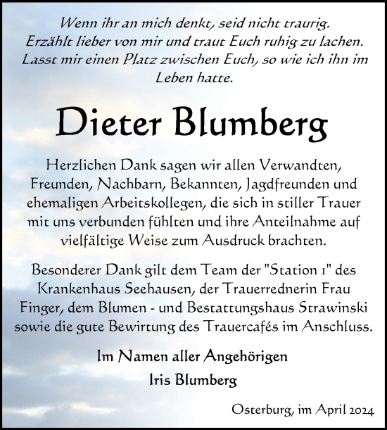 Traueranzeige von Dieter Blumberg von Volksstimme Altmark Ost