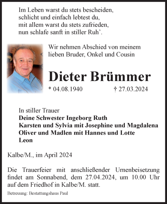Traueranzeige von Dieter Brümmer von Volksstimme Altmark West