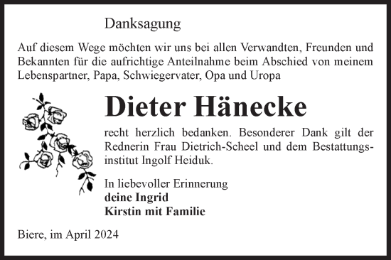 Traueranzeige von Dieter Hänecke von Volksstimme Schönebeck