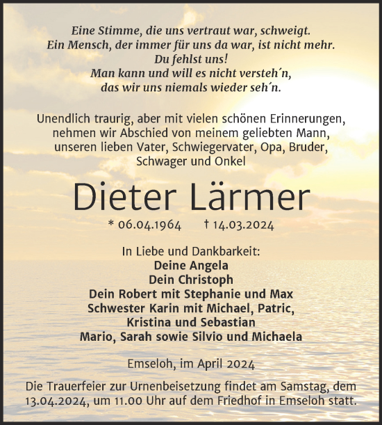 Traueranzeige von Dieter Lärmer von Trauerkombi Sangerhausen