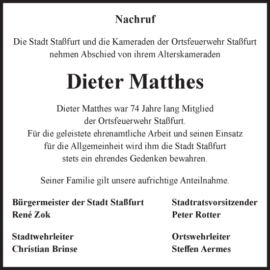 Traueranzeige von Dieter Matthes von Volksstimme Staßfurt