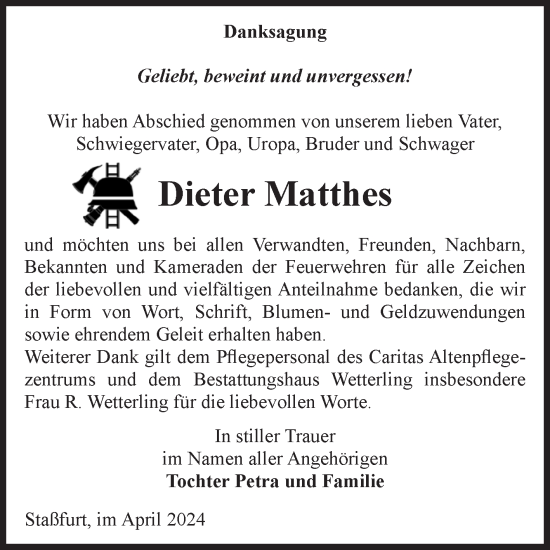 Traueranzeige von Dieter Matthes von Volksstimme Staßfurt