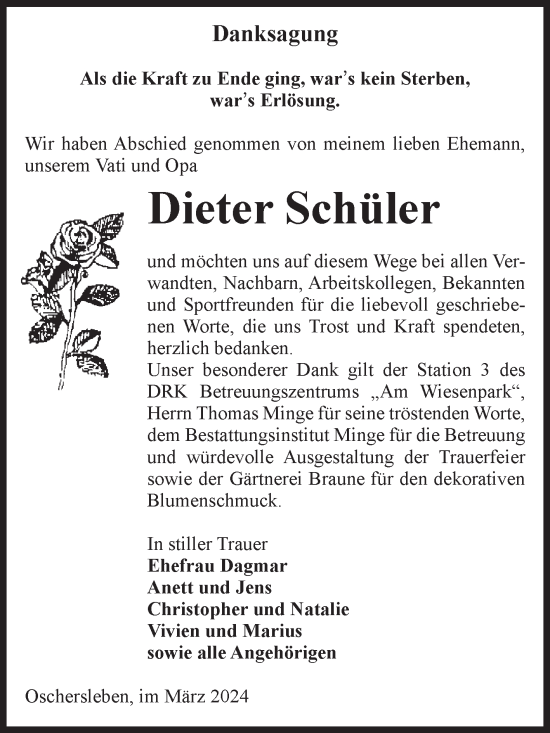 Traueranzeige von Dieter Schüler von Volksstimme Oschersleben/Wanzleben
