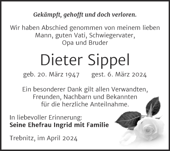 Traueranzeige von Dieter Sippel von Trauerkombi Weißenfels