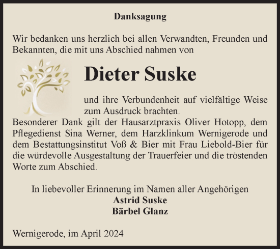 Traueranzeige von Dieter Suske von Volksstimme Wernigerode