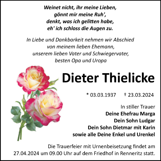 Traueranzeige von Dieter Thielicke von Trauerkombi Bitterfeld