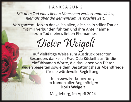 Traueranzeige von Dieter Weigelt von Volksstimme Magdeburg