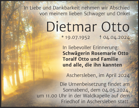 Traueranzeige von Dietmar Otto von Trauerkombi Aschersleben