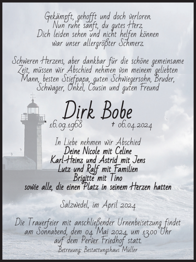  Traueranzeige für Dirk Bobe vom 10.04.2024 aus Volksstimme Altmark West