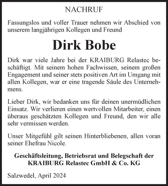 Traueranzeige von Dirk Bobe von Volksstimme Altmark West