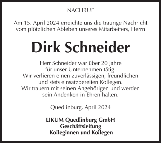 Traueranzeige von Dirk Schneider von Mitteldeutsche Zeitung Quedlingburg