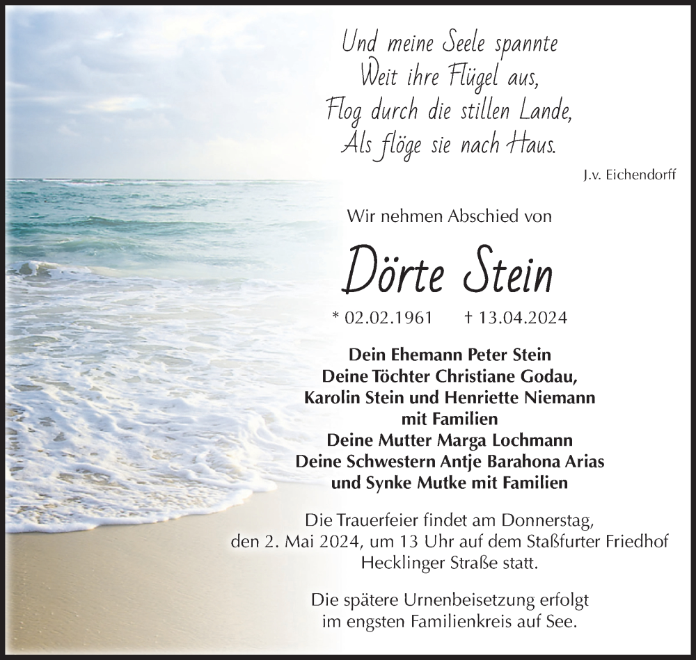  Traueranzeige für Dörte Stein vom 20.04.2024 aus Volksstimme Staßfurt