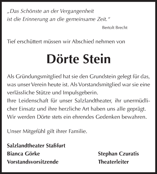 Traueranzeige von Dörte Stein von Volksstimme Staßfurt