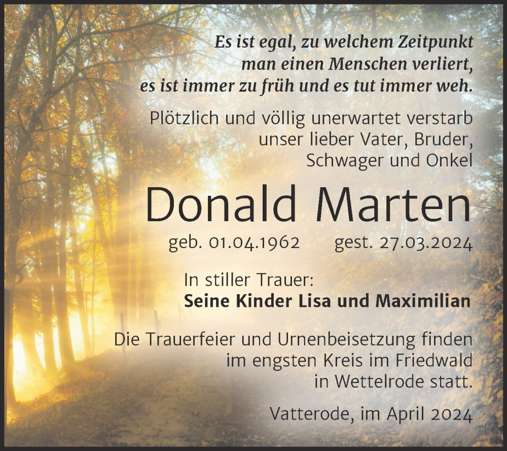  Traueranzeige für Donald Marten vom 06.04.2024 aus Trauerkombi Mansfelder Land