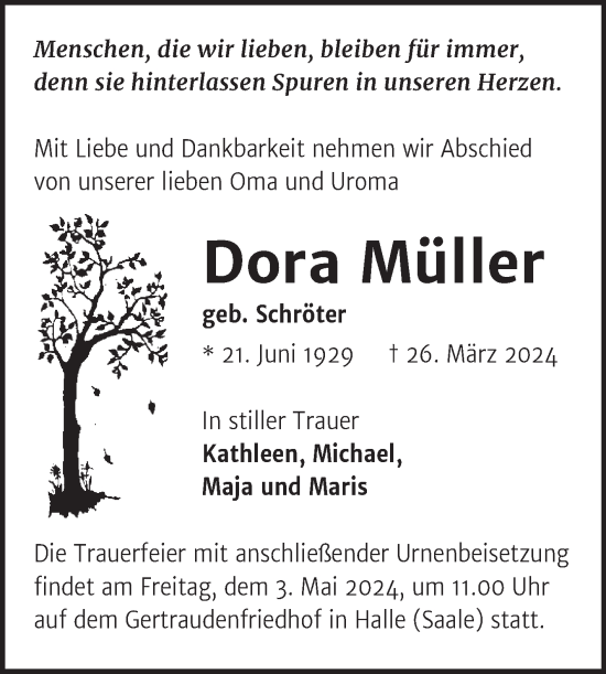 Traueranzeige von Dora Müller von Mitteldeutsche Zeitung Halle/Saalkreis