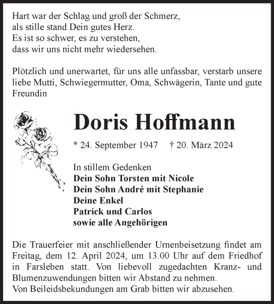 Traueranzeige von Doris Hoffmann von Volksstimme Haldensleben/Wolmirstedt