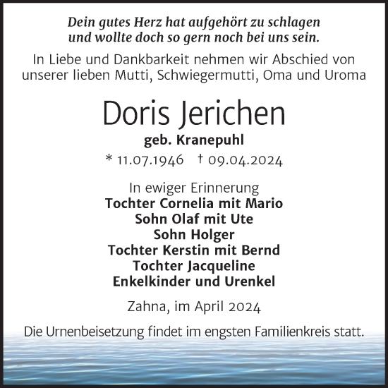 Traueranzeige von Doris Jerichen von Trauerkombi Wittenberg