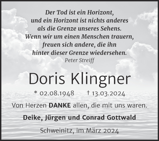 Traueranzeige von Doris Klingner von Trauerkombi Wittenberg