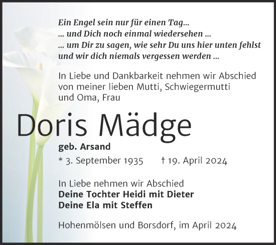 Traueranzeige von Doris Mädge von Trauerkombi Weißenfels