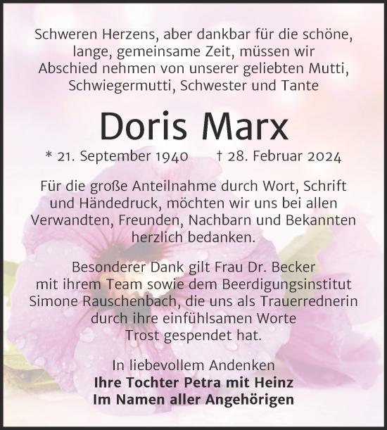Traueranzeige von Doris Marx von Naumburger Tageblatt