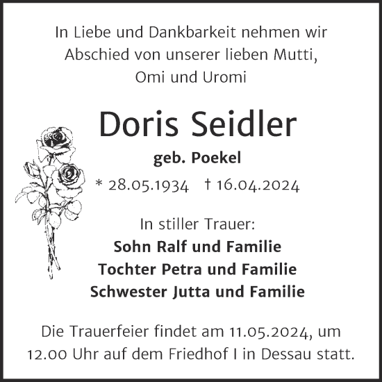 Traueranzeige von Doris Seidler von Trauerkombi Dessau