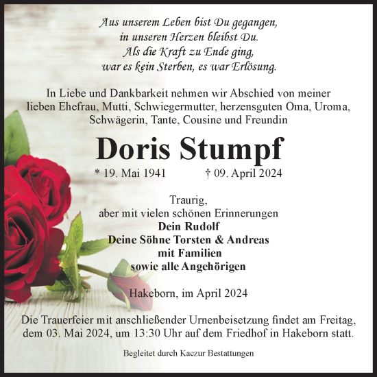 Traueranzeige von Doris Stumpf von Volksstimme Staßfurt