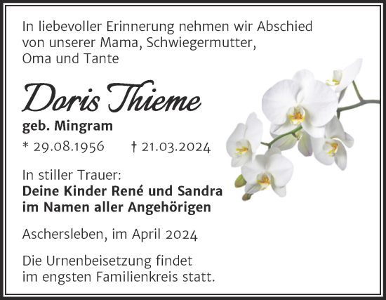 Traueranzeige von Doris Thieme von Trauerkombi Aschersleben