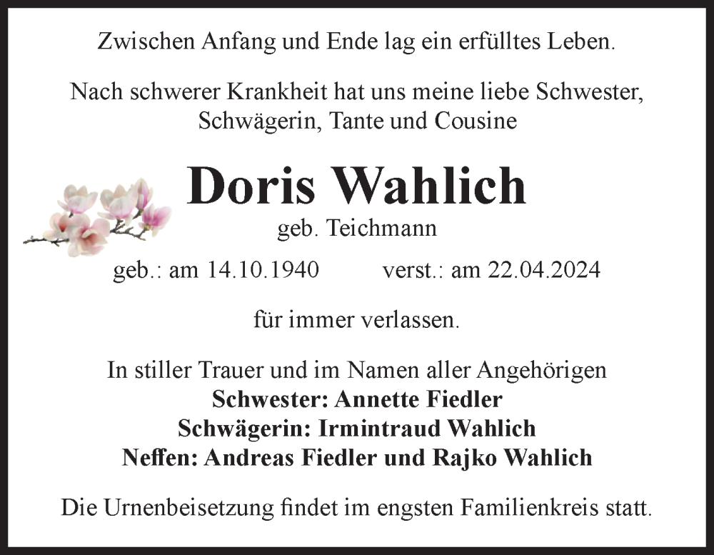  Traueranzeige für Doris Wahlich vom 27.04.2024 aus Volksstimme Staßfurt