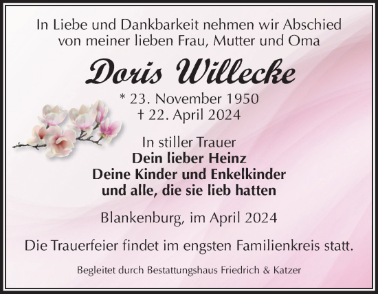 Traueranzeige von Doris Willecke von Volksstimme Wernigerode